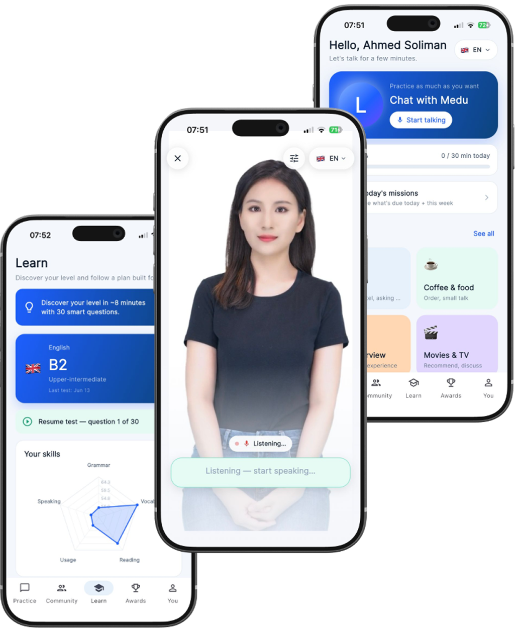 Medu AI English learning app on mobile