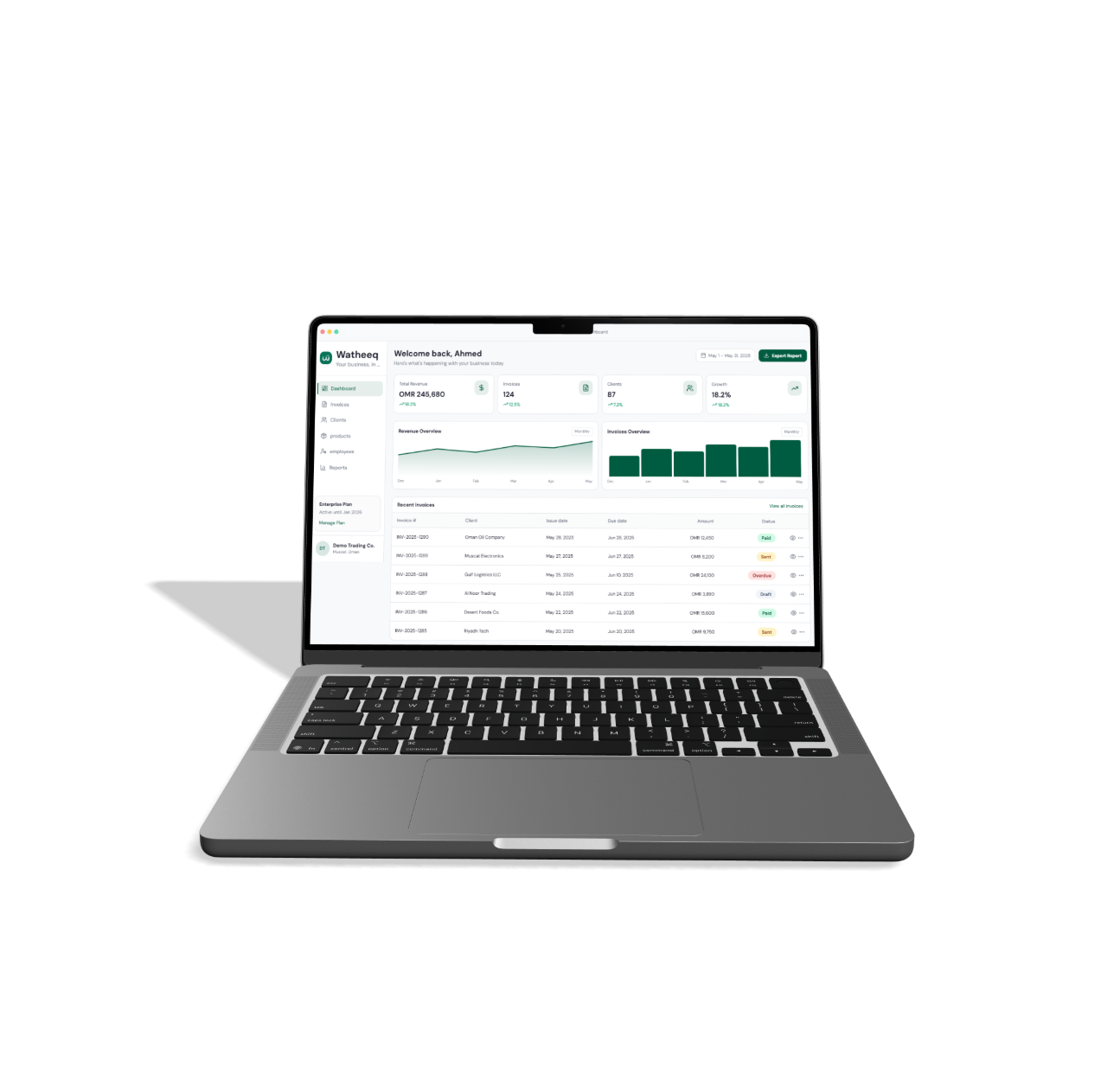 Watheeq AI invoicing dashboard on laptop